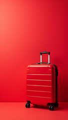 Aufkleber - A trendy red suitcase sits atop a vibrant red background, perfect for showcasing promotional content with ample space for text overlay._00004_