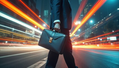Poster - Sophisticated double exposure capturing a business professional walking in a bustling city at night