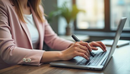 Aufkleber - Professional woman focused on work while typing and taking notes at a modern office desk during daylight hours