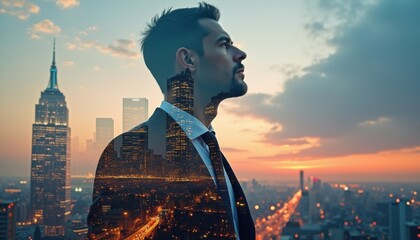 Aufkleber - Double exposure concept blends a businessman with an urban skyline during sunset in a vibrant cityscape
