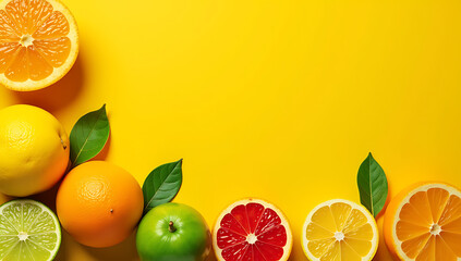 Aufkleber - Colorful citrus fruits in various shapes and colors are arranged on a bright yellow background with plenty of empty space left around them._00001_