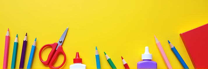 Aufkleber - Colorful school supplies such as pens, scissors, glue, and notepads are displayed prominently on a bright and cheerful yellow background together._00001_