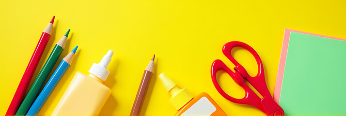 Aufkleber - Colorful school supplies such as pens, scissors, glue, and notepads are displayed prominently on a bright and cheerful yellow background together._00002_