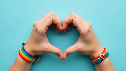 Aufkleber - Female hands wear symbolic rainbow bracelets and create a heart shape on a soft blue background, inviting empathy through personal storytelling._00002_