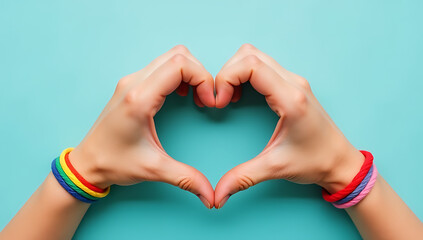 Aufkleber - Female hands wear symbolic rainbow bracelets and create a heart shape on a soft blue background, inviting empathy through personal storytelling._00004_