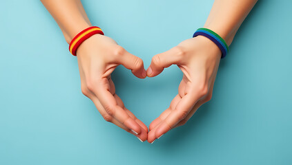 Aufkleber - Female hands wear symbolic rainbow bracelets and create a heart shape on a soft blue background, inviting empathy through personal storytelling._00005_