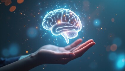 Leinwandbilder - Futuristic hand holding glowing brain representing artificial intelligence and creativity in a digital landscape