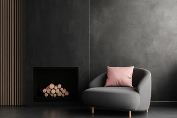 Wall Mural - modern interior design, a modern grey sofa with a pink pillow contrasts stylishly against a black fireplace and rugged concrete wall