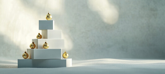 Poster - Holiday decorations feature a minimalist pyramid design with golden ornaments set in a serene winter landscape setting