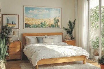 Wall Mural - scandinavian bedroom, warm and inviting scandinavian bedroom featuring a light wood bed frame, white bedding, and soft textiles, filled with natural light from large windows