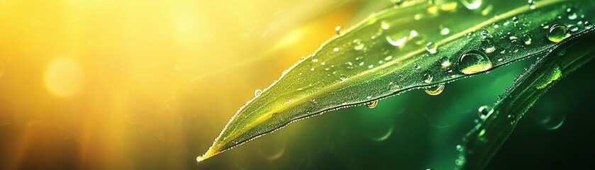 Wall Mural - A close-up of a green leaf glistening with water droplets, illuminated by soft golden sunlight, showcasing the beauty of nature.