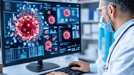 Poster - Scientist analyzing virus data on computer screen in lab, focused on research and data visualization. atmosphere is serious and dedicated to scientific advancement