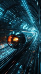 Poster - Futuristic High-Speed Train Traveling Through a Neon Tunnel in a Sci-Fi Landscape Capturing the Essence of Advanced Technology and Innovative Design