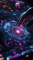 Poster - Abstract depiction of human hand interacting with futuristic digital interface showcasing glowing data connections, vibrant colors, and cosmic elements representing technology and science