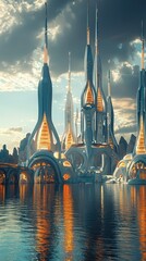 Poster - Futuristic Cityscape with Towering Structures and Reflective Waters Under Dramatic Sky at Sunset in a Sci-Fi Inspired Setting