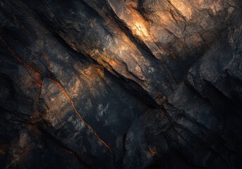 Poster - Abstract Textured Background of Dark Rock Surface with Glimmers of Light and Subtle Warm Tones, Ideal for Nature and Geology Projects, Textures, and Mood Boards