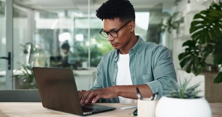 Fototapete - Laptop, typing and man in office with search for business plan, growth or development of creative ideas. Glasses, reading and designer at desk for online report, review and tablet at digital agency