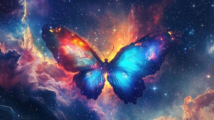 Poster - Enchanting Cosmic Butterfly in the Depths of Space Surrounded by Celestial Colors and Stellar Background, Representing Transformation and Beauty in the Universe