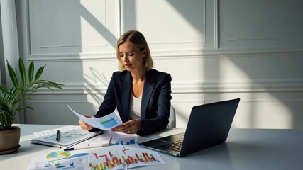 Aufkleber - Professional woman analyzing data reports in modern office setting during morning light