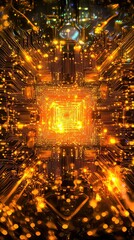 Poster - Abstract View of a Glowing Microchip Surrounded by Complex Circuitry and Light Effects, Representing Technology, Innovation, and Digital Transformation in Modern Electronics