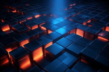 Poster - Captivating neon lights illuminate a futuristic grid of glowing cubes at night. Generative AI