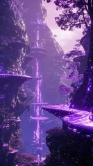 Poster - Ethereal Landscape of Floating Platforms Amidst Majestic Mountains and Dreamy Misty Atmosphere Bathed in Stunning Shades of Purple and Blue Light