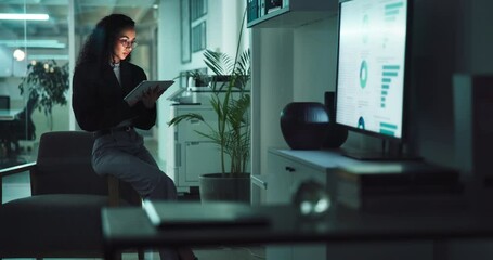 Fototapete - Graph, night and business woman on tablet for statistics, financial report and data analysis in office. Corporate, company analyst and person on digital tech with chart for review, research and info