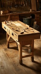 Wall Mural - Rustic Woodworking Table with Tools in a Craftsmanship Workshop, Showcasing a Warm and Inviting Atmosphere for Artisan Creations in a Vintage Setting