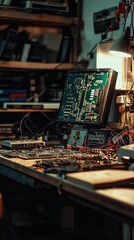 Poster - Detailed View of an Electronics Workbench with Circuit Boards, Wires, and Tools in a Cozy Workspace Setup for Technology Enthusiasts and Engineers