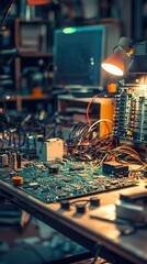 Poster - Detailed View of a Vintage Electronics Workshop with Circuit Boards, Wires, and Tools Illuminated by Warm Light in an Engaging, Creative Setting