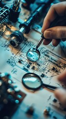 Poster - Close-Up of a Hand Examining Electronic Circuit Diagrams with Magnifying Glasses, Focused on Intricate Details and Components on a Professional Worktable