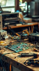 Poster - Detailed Close-Up of an Electronic Workbench Featuring Circuit Boards, Tools, and Components in a Tidy Messy Environment of an Electronics Workshop