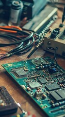 Poster - Close-Up View of an Electronic Circuit Board with Connected Wires, Tools, and Components on a Wooden Workbench for Technology and Engineering Themes