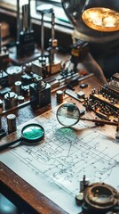 Poster - Intricate Details of a Vintage Workshop with Tools, Electronic Components, and Circuit Diagrams Inviting Creativity and Innovation in Craftsmanship