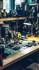 Poster - Workshop Scene Featuring Electronic Components and Tools on a Workbench with Warm Lighting and Focused Details of the Craftsmanship in Progress