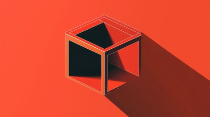 Poster - Abstract three-dimensional black and red cube with a strong shadow effect, showcasing simple geometric forms and clean lines against a vibrant orange background