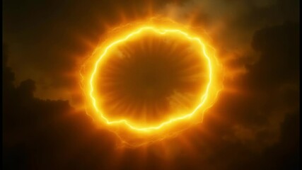 Poster - Yellow abstract plasma lightning ring with glowing particles swirling in dark sky fantasy concept art