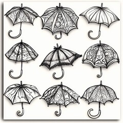 Canvas Print - An umbrella doodle collection featuring a sketched umbrella set, parasol, sunshade, and other ink design elements.