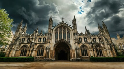 Wall Mural - Majestic Gothic Style Cathedral Under Dramatic Cloudy Sky with Intricate Architecture and Historical Elements Capturing the Essence of Medieval Europe