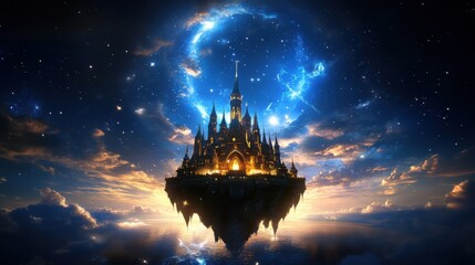 Wall Mural - A castle is floating in the sky with a blue and purple background
