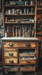 Wall Mural - Rustic Workshop Workbench with Tools Displayed on Wooden Shelves, Featuring Vintage Hand Tools and Organizers in a Cozy, Creative Environment