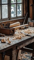 Wall Mural - Rustic Woodworking Shop with Tools and Wood Shavings on a Table Surrounded by Natural Light through Windows Creating an Artisan Atmosphere