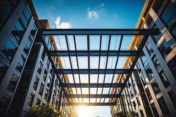Poster - Sunlight filters through modern architecture in a vibrant cityscape. Generative AI