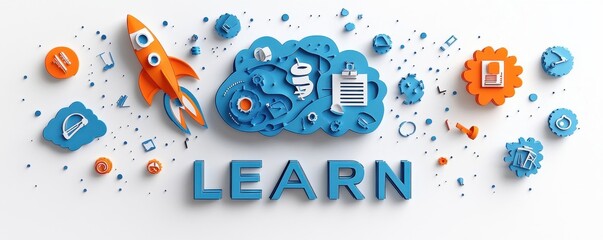Poster - Creative learning concept with rocket and educational symbols