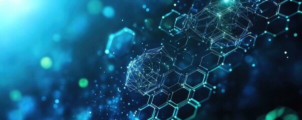 Poster - Abstract graphic of interconnected glowing hexagons on teal background