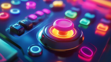 Close-up of a vibrant, futuristic control panel with illuminated buttons and a central joystick.