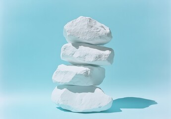 Poster - Elegant Stacked White Rocks on a Soft Blue Background Showcasing Minimalistic Design and Tranquil Aesthetic for Contemporary Art and Nature Themes