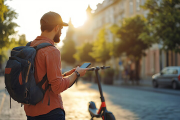 Wall Mural - Young man unlocking electric scooter using his mobile phone