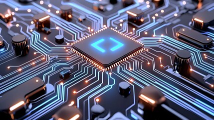 Poster - High Tech Digital Circuit Board with Glowing Blue Lines for Tech and Innovation Designs