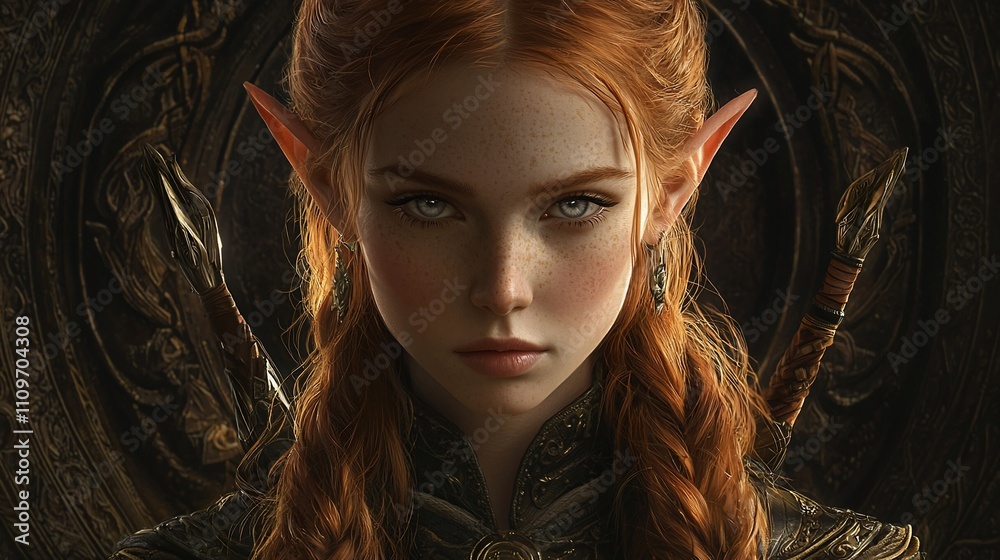 Close-up portrait of a fierce, red-haired elf woman with pointed ears ...